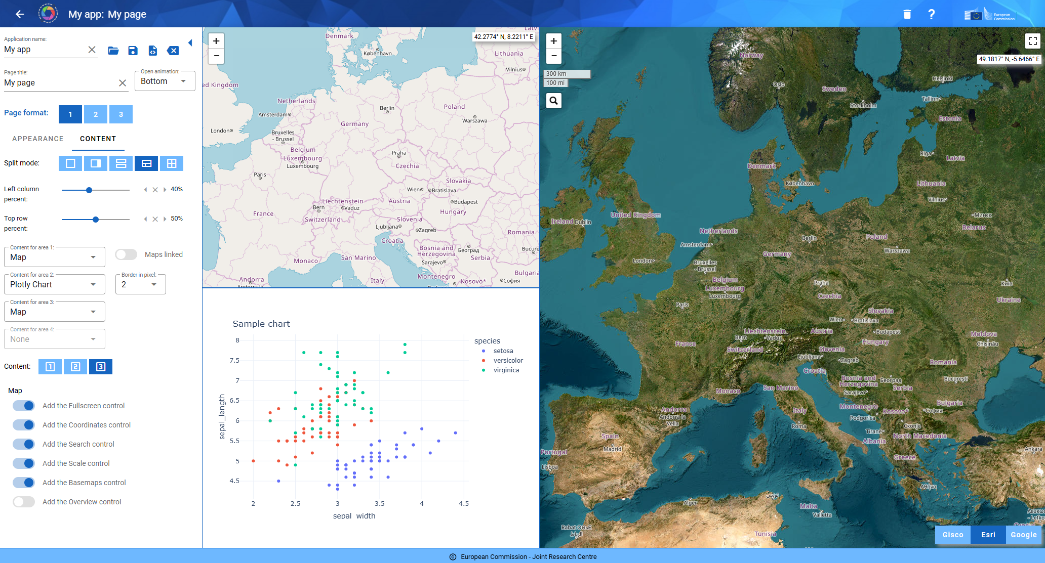 Custom geospatial page with two viewers and one chart